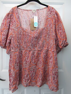 MASON & BELLE ROSA PUFF SLEEVE SMOCKED TOP IN BURNT ORANGE SIZE 2X