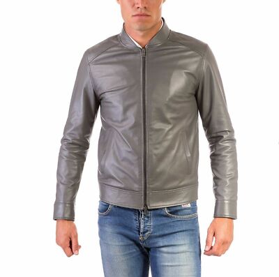 Men's Gray Jacket Retro Biker Style Motorcycle Coat 100% Genuine Leather Jacket