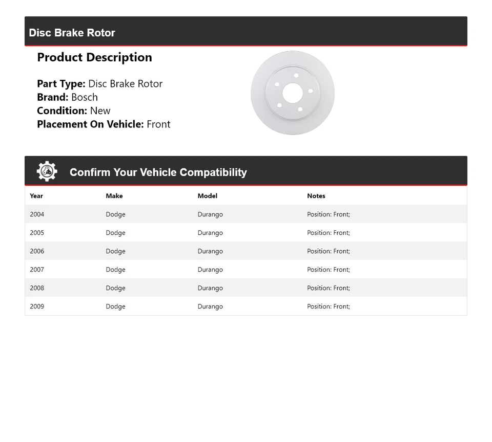 Rotor de freno de disco delantero QuietCast Bosch 2004-2009 Dodge Durango Bosch 2005 2006 Foto 2 de 4
