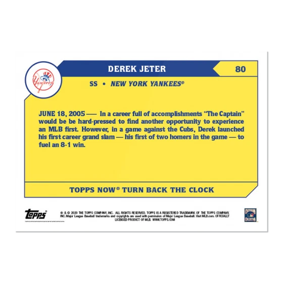 Derek Jeter #80 Yankees HOF Legend 2020 MLB TOPPS NOW - Turn Back The Clock - Image 2 of 2