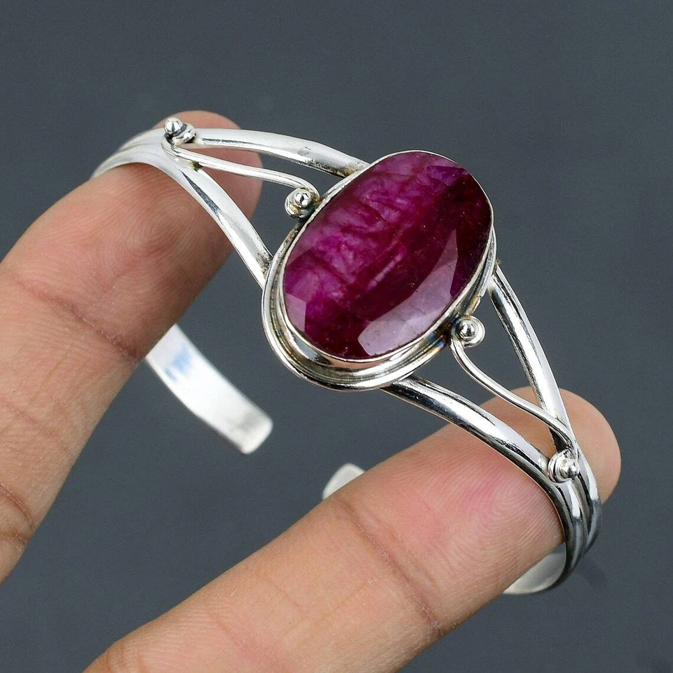 Raw Ruby Bangle 925 Silver Handmade Stetament Women Cuff Bracelet Jewelry #055 - Image 3 of 4