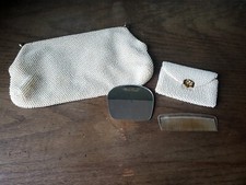 VTG Lumured Petite-Bead White Beaded Gold Accents Clutch Handbag Purse Mirror