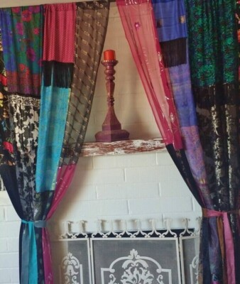 2 Pcs Indian Sari Patchwork Curtain Drape Window Decor Multi Silk Sari Curtain