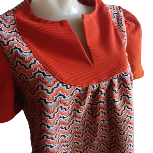 1OF1 Women's Medium Vintage Hippy Top Zigzag Tunic Puff Sleeves Keyhole Neckline - Picture 2 of 8