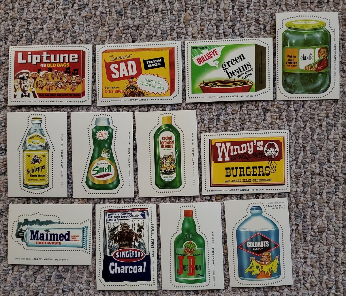 Lot of (12) Different Fleer Crazy Labels Stickers Liptune Sad