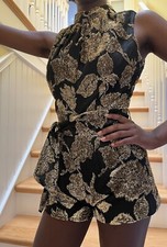 Vintage 70 s Gold Playsuit Romper Bodysuit Shorts Jumpsuit XS Disco Studio 54