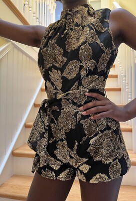 Vintage 70’s Gold Playsuit Romper Bodysuit Shorts Jumpsuit XS Disco Studio  54