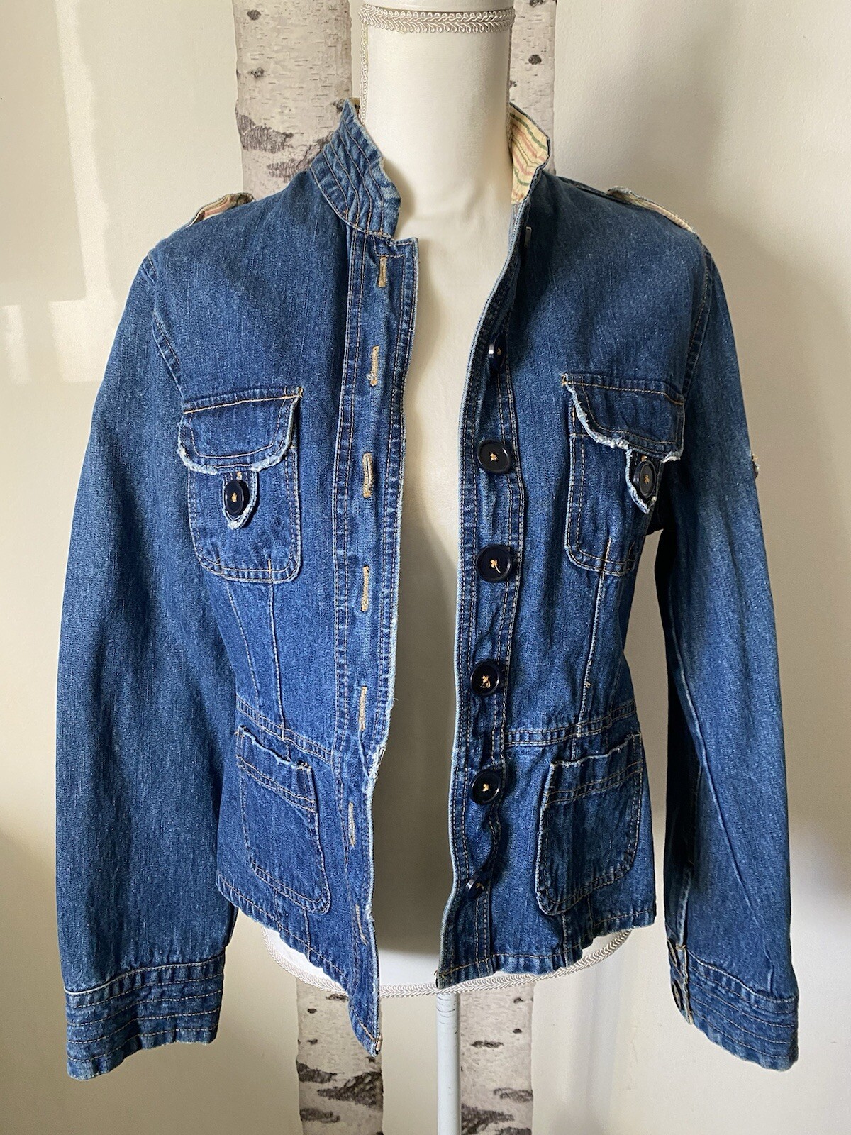 Periscope Denim Jacket Women's Large Button Front Blue Multiple Pockets Cotton-image