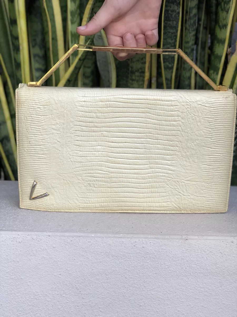 Caprice Cream Leather Handbag Bag Clutch Purse Vtg 50s 60s Snakeskin Gold Habdke
