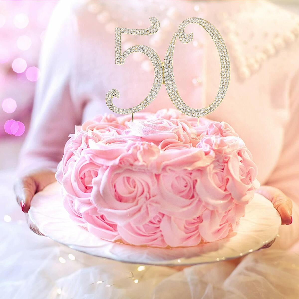 50 Gold Rhinestone Cake Topper - Fifty 50th Birthday Anniversary Decoration