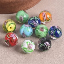 10PCS Round 12mm Handmade Flower Pattern Lampwork Glass Loose Beads DIY Jewelry