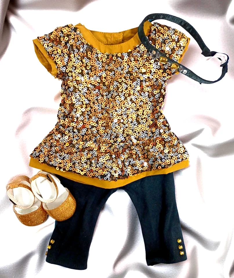 American Girl Truly Me Golden Sparkle 服装上衣裤子鞋头带 4 件装 — 第 2/4 张图片