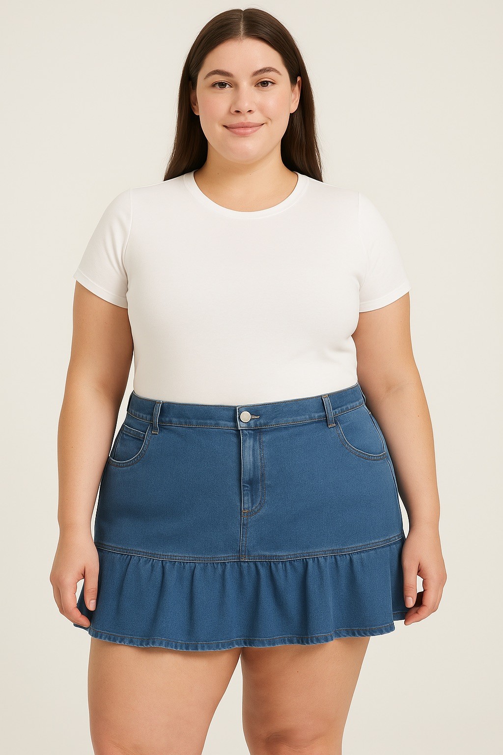 Women’s Denim Ruffle Mini Skirt 2XL Blue Stretch Jean Flounce Hem Casual