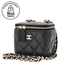 CHANEL Vanity Matelasse CC Leather Chain Shoulder Bag Black Gold 0154