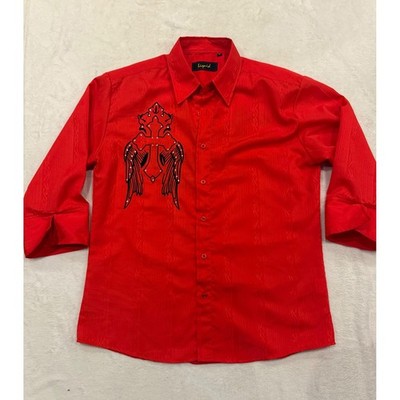 Liquid Mens Red Jacquard Button Down Shirt Cross Wings Rhinestones Y2K XL
