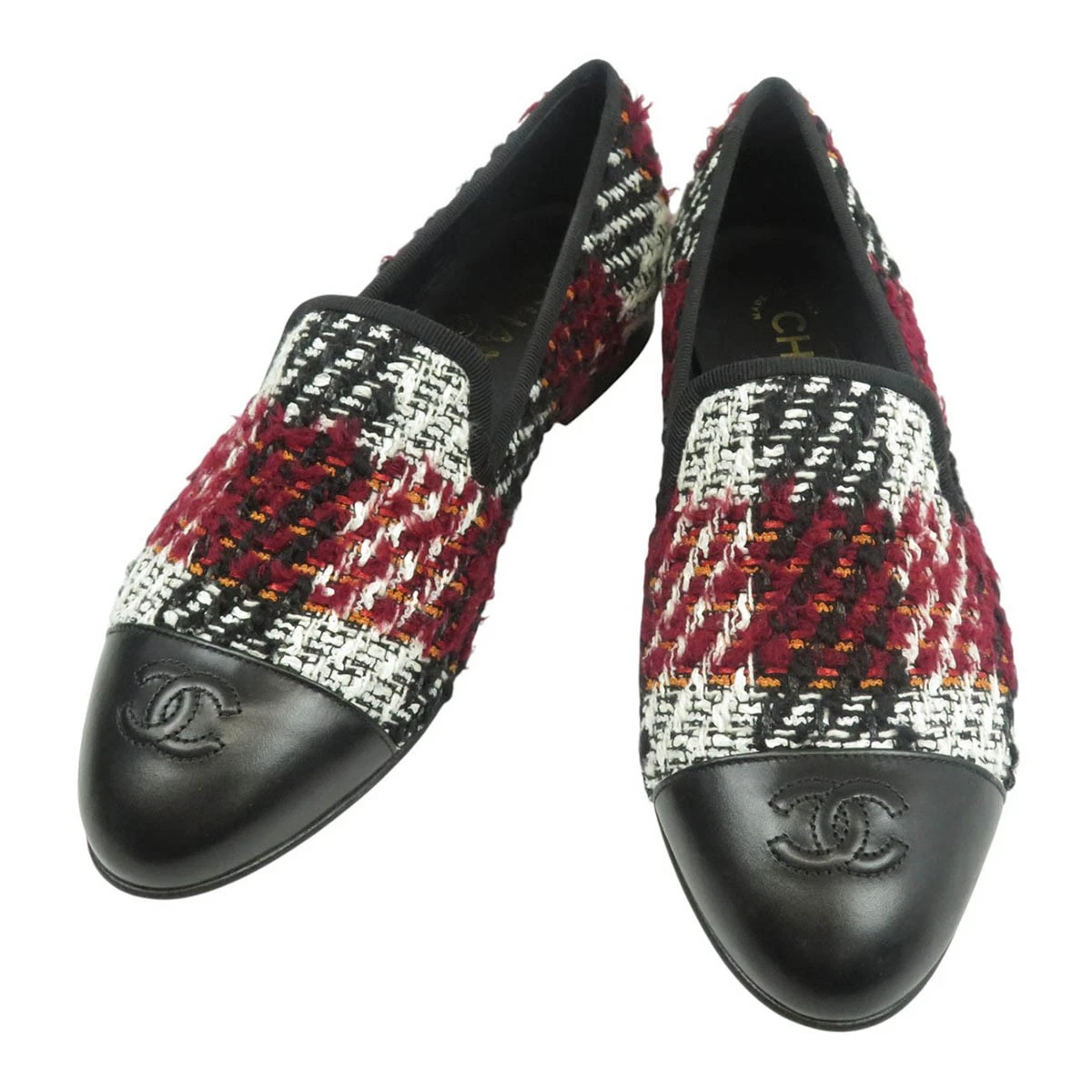 Chanel — CHANEL COCO Mark Tweed Slip-Ons Women Black white red [Excellent Condition]