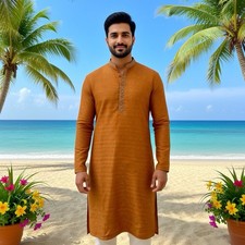 Men Kurta Silk Golden Embroidery Designer Wedding Wear Traditional India Made M