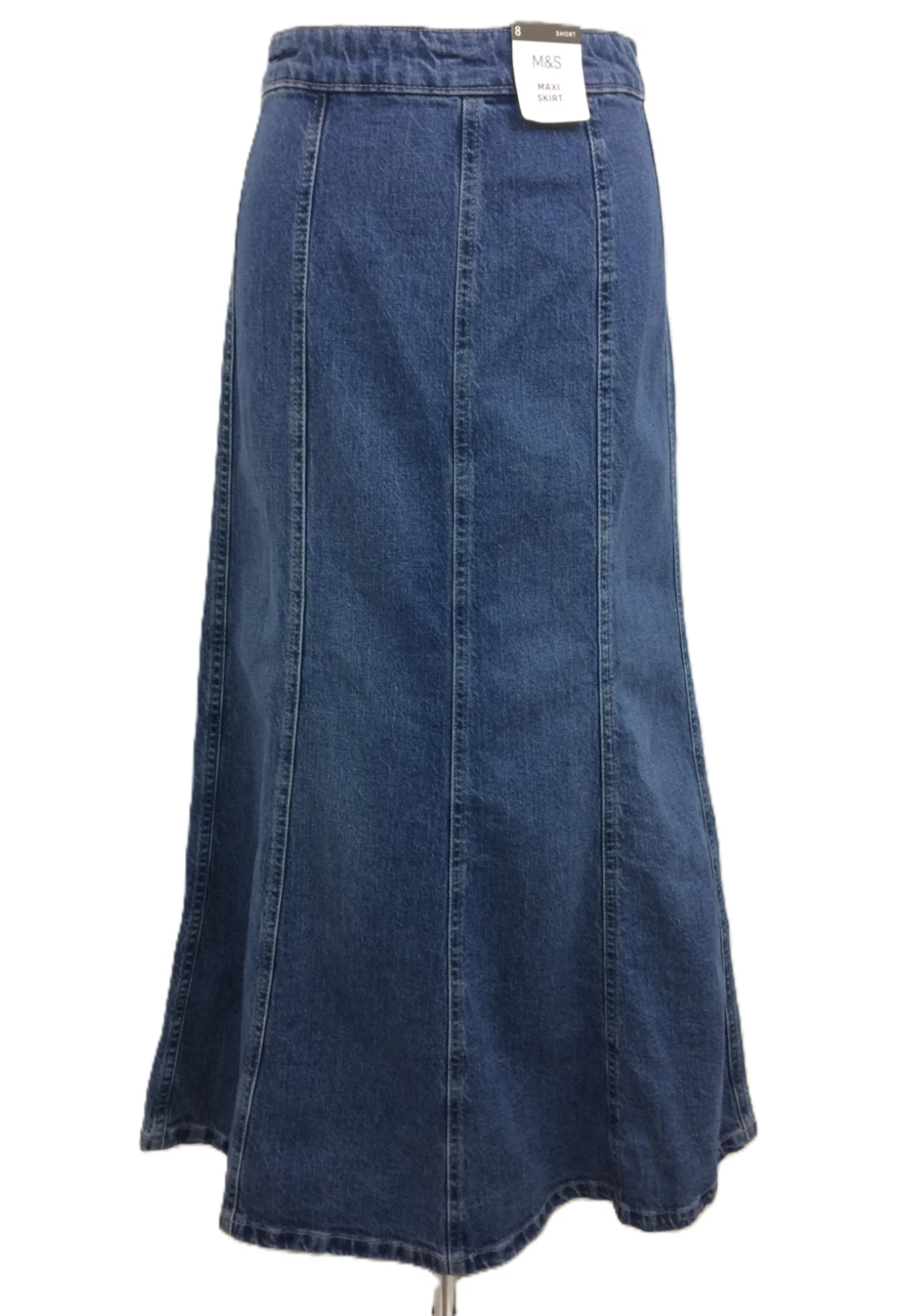 M&S Women's Skirt Mid Blue Denim Twill Long A-line Panels Zip Twin Needle New