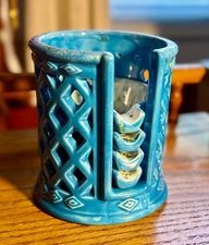 VINTAGE MCM CERAMIC DRIP GLAZE STACKING ASHTRAY SET OF 4 & LATTICE CADDY, EUC