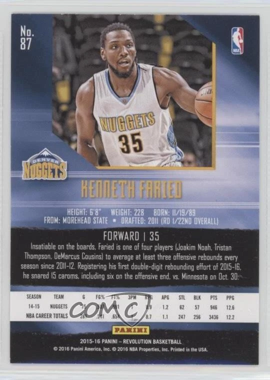 2015-16 Panini Revolution Nova Kenneth Faried #87 - Image 2 of 2