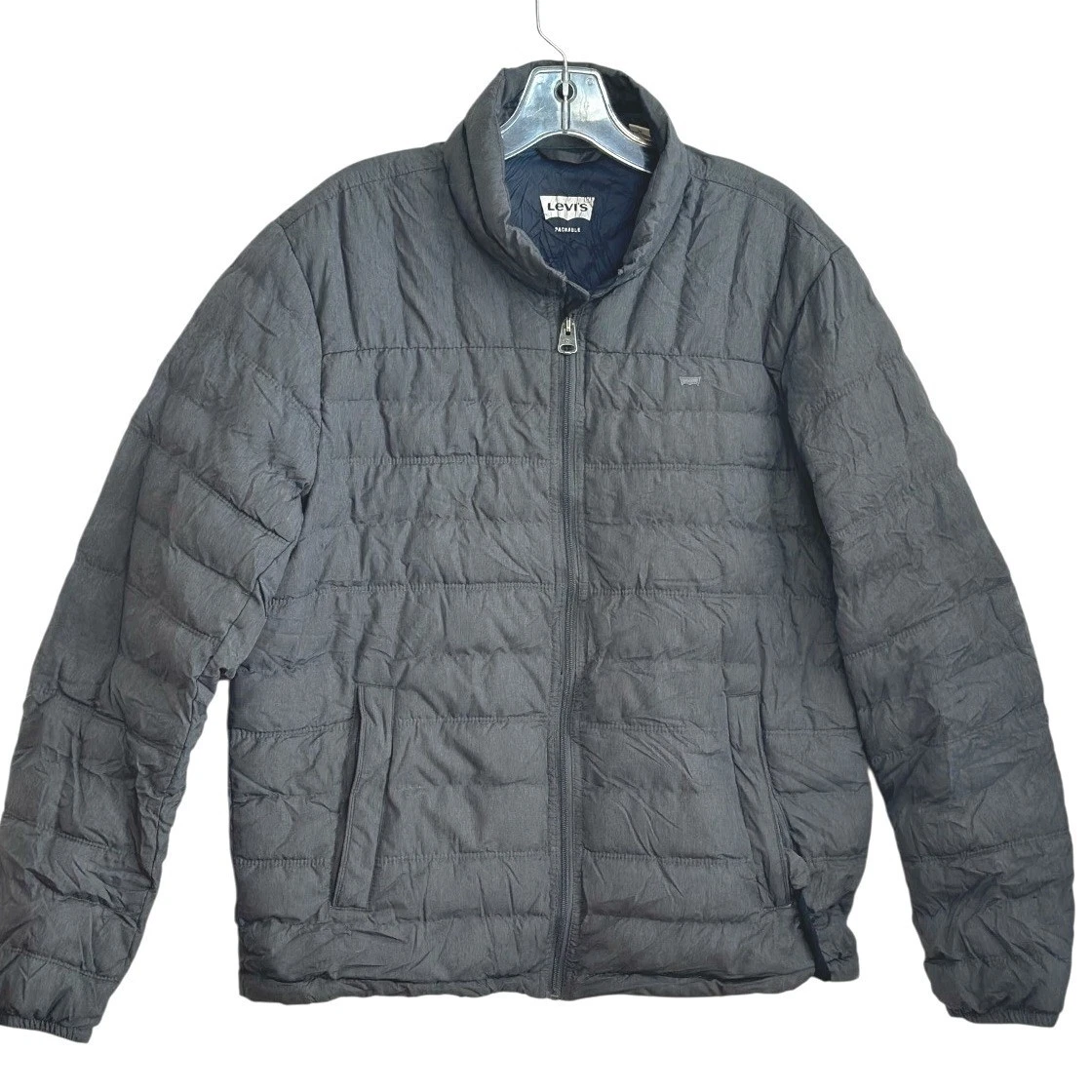 Levis Mens Packable Puffer Jacket Charcoal Grey Heather w/ Travel Bag Gorpcore M
