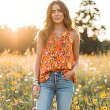 Rose + Olive Womens Blouse Sz Small Floral Vibrant Bohemian Boho Chic Festival 