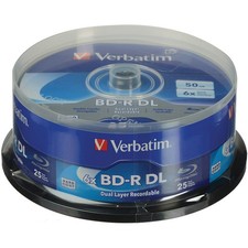 Verbatim BD-R DL 50GB 8x Double Layer Hard Coat Blu-Ray Recordable Disc, 25-Pack