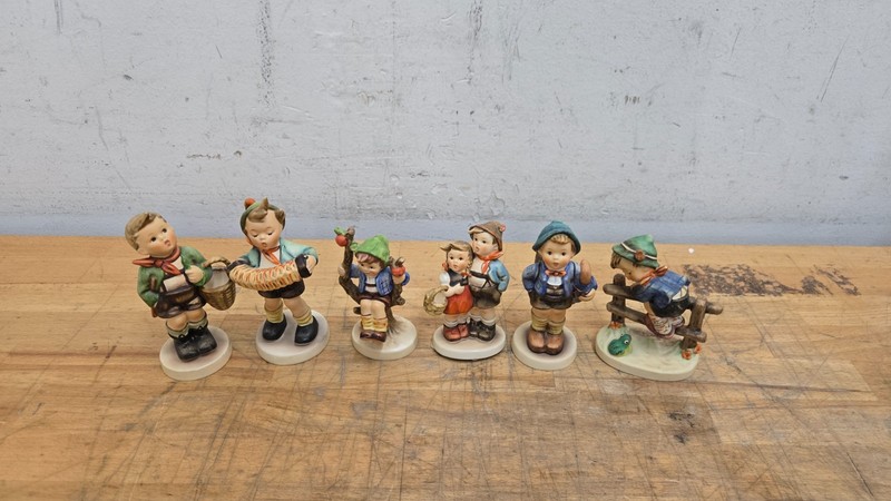 Lot of (6) Goebel Hummel Figurines Accordion Boy, Village Boy, Retreat To Safety