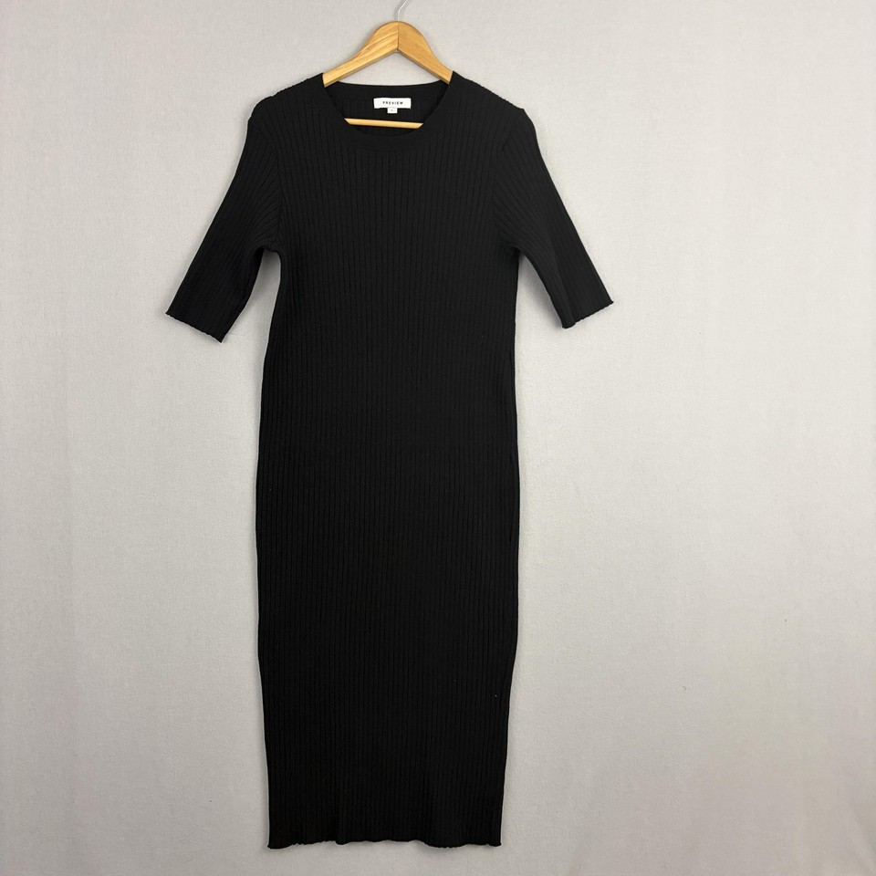 Preview Dress Womens L Black Ribbed Knit Bodycon Midi Half Sleeve Stretch Casual