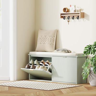 Schuhaufbewahrungsbank grün beige Leinen MDF 104x26x47,5 cm zwei Schubladen 10 Paar 240 kg