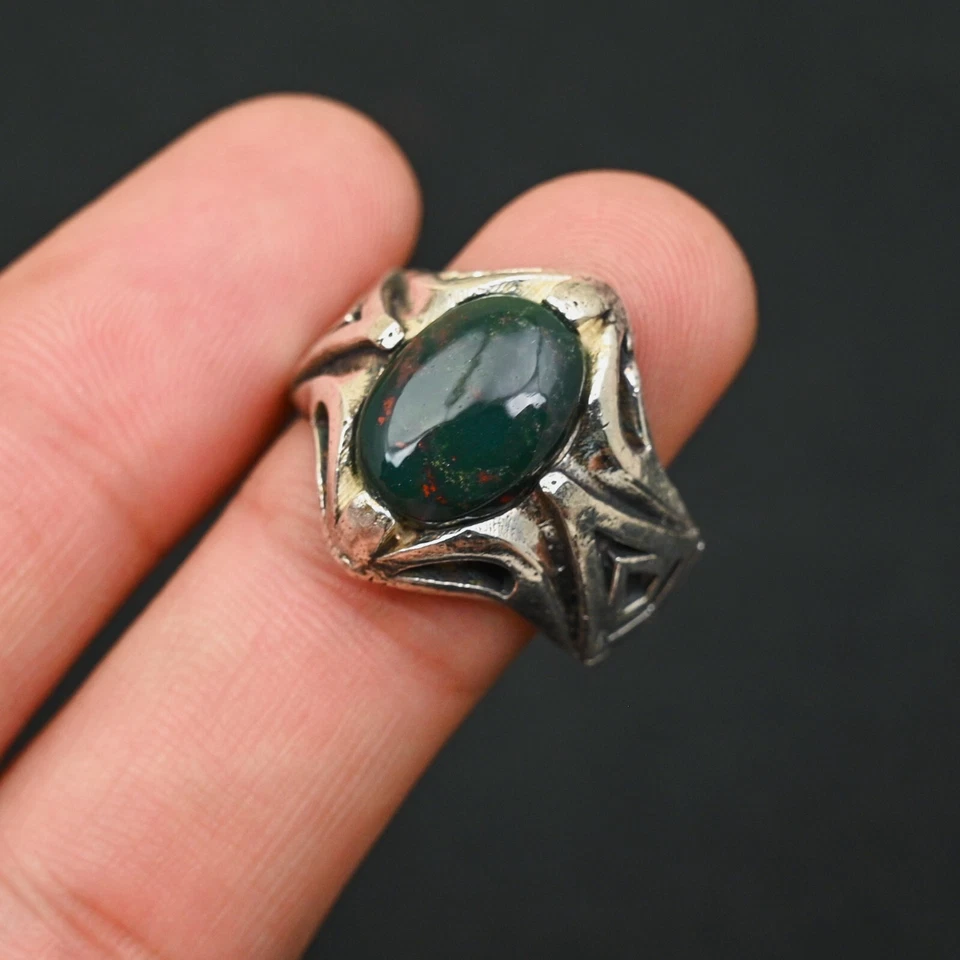 Anillo de piedra de sangre para hombre de plata de ley 925 hecho a mano-anillo de declaración talla Al-BJ56 Foto 2 de 3