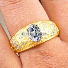 Moissanite Oval Cut With 925 Sterling Silver Gold Plated Ring For Men's #B315
