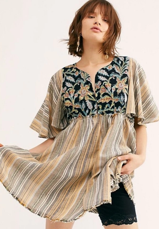 Vestido Free People Mujer Talla Pequeña Babydoll Bajo el Sol Bordado Boho Mini Foto 4 de 4