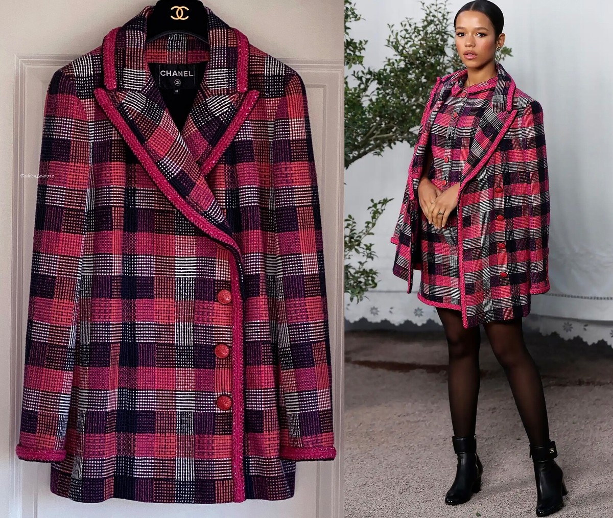 CHANEL 20P PINK BLACK WHITE TWEED CC BUTTONS RUNWAY JACKET