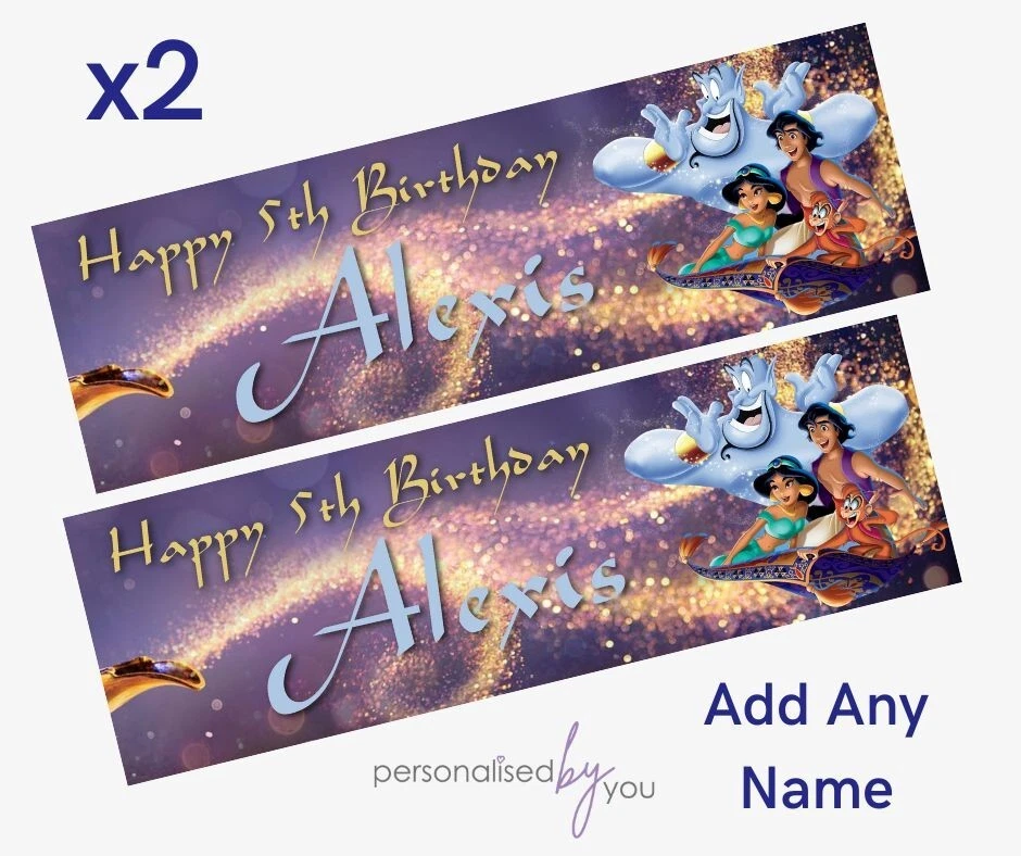 MADVINYL 2x Personalised Disney ALADDIN Jasmine Birthday Banner LARGE Kids Party Poster