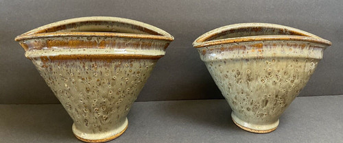 Artisan Made Signed Art Pottery Fan Pocket Vases Pair Olive Brown Stoneware