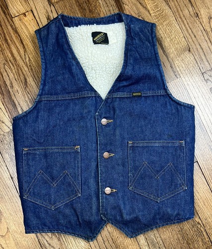 Vintage Maverick Automaticks Sanforized Sherpa Lined Denim Vest 1970s Sz Small