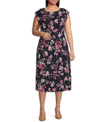 Übergröße 18W neu Calvin Klein marineblau Blumen Krepp Damen Midi Fit & Flare Kleid - Bild 2 von 5