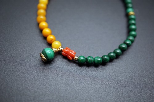 Genuine Malachite and Amber Coral Beaded Bracelet 4MM Tiny Charm Bracelet - Picture 3 of 9