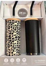 NIB Member's Mark 24-oz Stainless Steel Insulated Tumblers  Straws W/Wood Lids