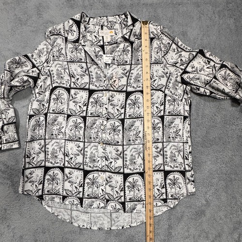 C & C California Linen Top Womens 1X Black White Tropical Print Long Sleeve - Picture 19 of 21