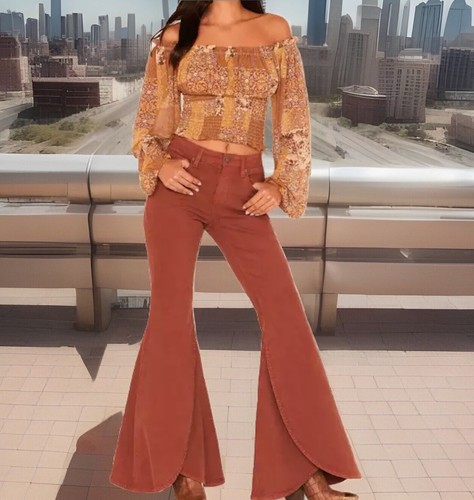 NWT Shyanne Women's High Rise Tulip Hem Super Flare Jeans Chestnut Size 30