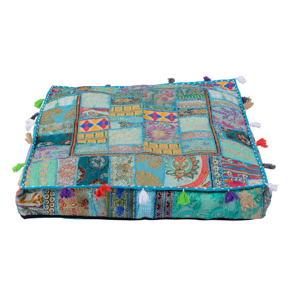 Square Patchwork Cushion Cover Indian Bohemian Vintage Floor Decor Pillow Cover  - Image 4 of 4