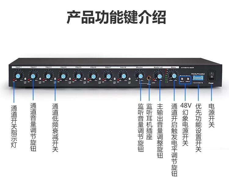 8 Intput 48V Phantom Power Supply Audio 8 Microphone Hub For XLR Table Gooseneck - Image 2 of 4