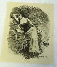 1886 magazine engraving ~ COZY RETREAT, young woman sleeps in grass w/ book