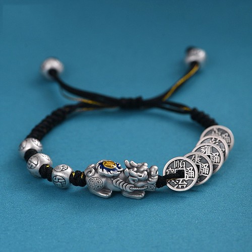 Reine 999 Feinsilber Kette Antike Münze Pixiu Perlenschnur Geflochten Armband - Bild 1 von 9
