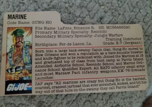 Vintage 1983 GI Joe Figure File Card Gung Ho