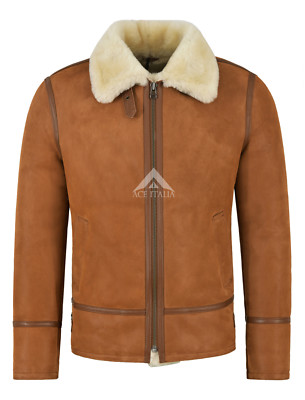 Herren B3 Lammfelljacke Lammfell Leder Bomber Whisky/Beige Fell Pilot ARBIN