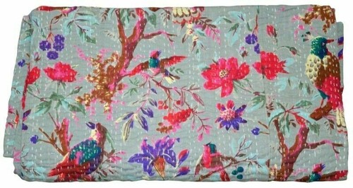 Handmade Floral Kantha Embroidery Double Blanket Throw Boho Hippie Bedspread - Picture 6 of 7