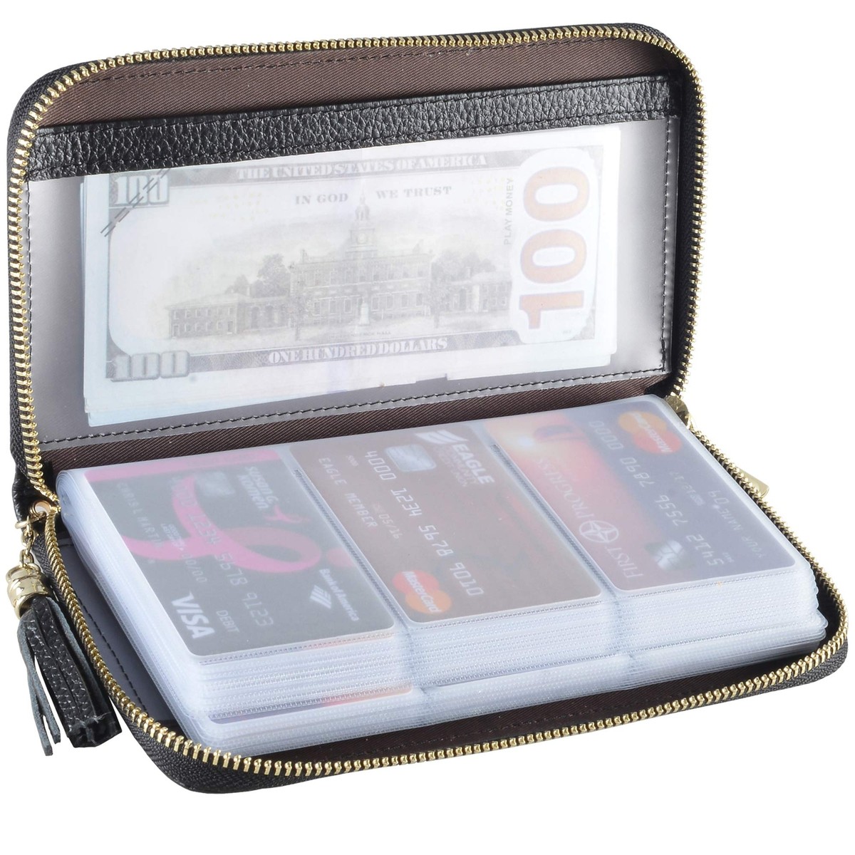 Leather Credit Card Holder Wallet RFID Blocking Zippered Purse with 60 Slots